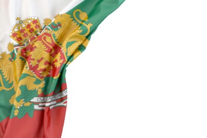 Flag of Bulgaria with coat of arms in the corner on white background. Isolated, contains clipping path - slon.pics - free stock photos and illustrations