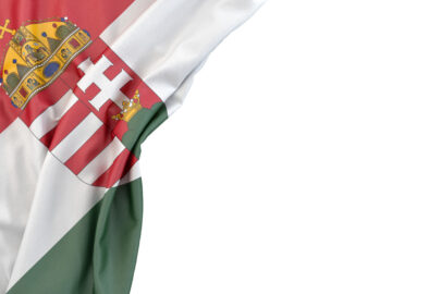 Flag of Hungary with coat of arms in the corner on white background. Isolated, contains clipping path - slon.pics - free stock photos and illustrations