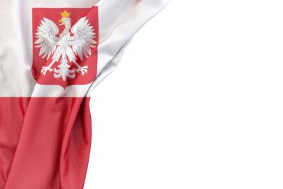 Flag of Poland with coat of arms in the corner on white background. Isolated, contains clipping path - slon.pics - free stock photos and illustrations