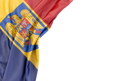 Flag of Romania with coat of arms in the corner on white background. Isolated, contains clipping path - slon.pics - free stock photos and illustrations