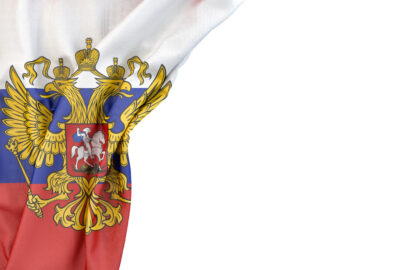 Flag of Russia with coat of arms in the corner on white background. Isolated, contains clipping path - slon.pics - free stock photos and illustrations
