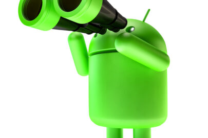 Green Android robot with binoculars. 3D illustration. Isolated. Contains clipping path - slon.pics - free stock photos and illustrations