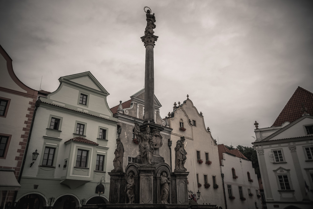 Memorial fountain in the main square of Cesky Krumlov, Czech Republic