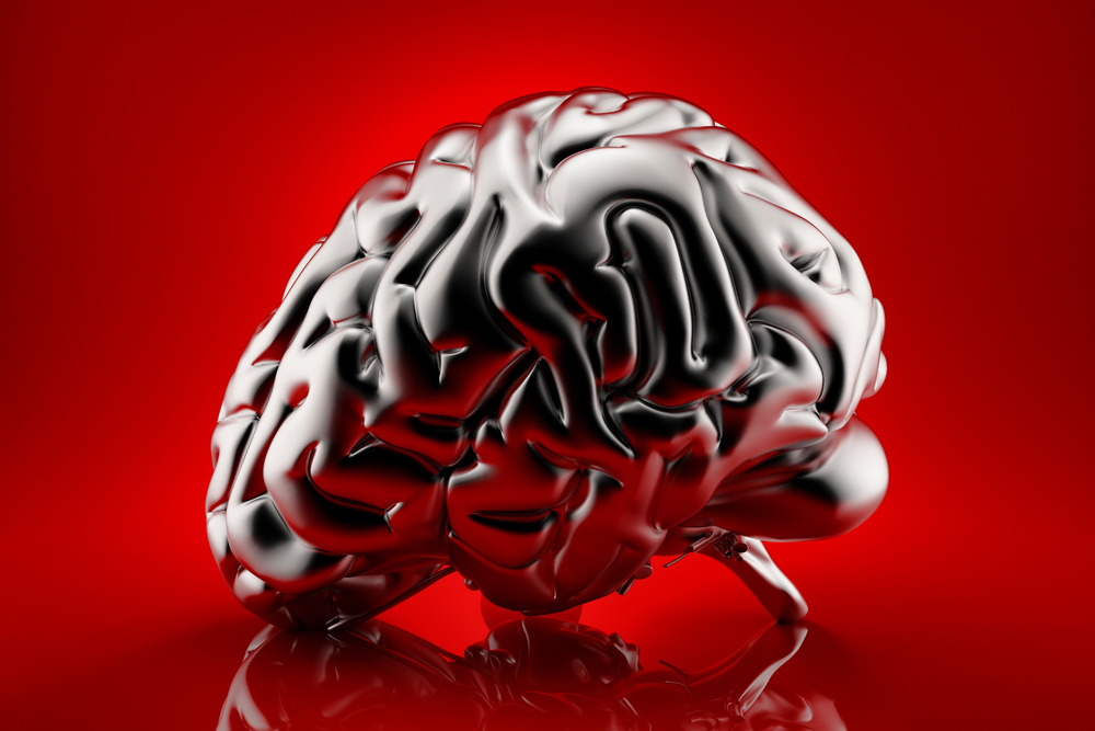 Metallic human brain rendered over red background. 3D illustration