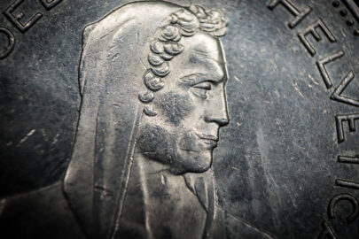 Portrait of William Tell from 5 Franc coin, Switzerland. Macro photo - slon.pics - free stock photos and illustrations