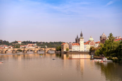 Prague towers, Charles Bridge and Vltava river on sunny day. Czech Republic - slon.pics - free stock photos and illustrations