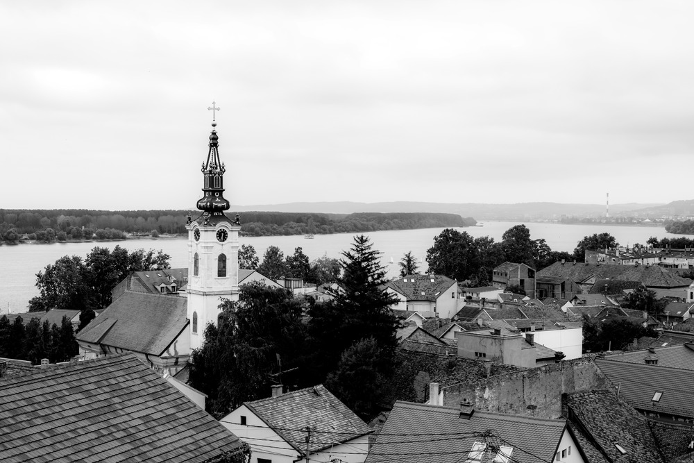 View of Zemun town with Saint Nicholas church and Danube river from Gardos Tower. Belgrade, Republic of Serbia