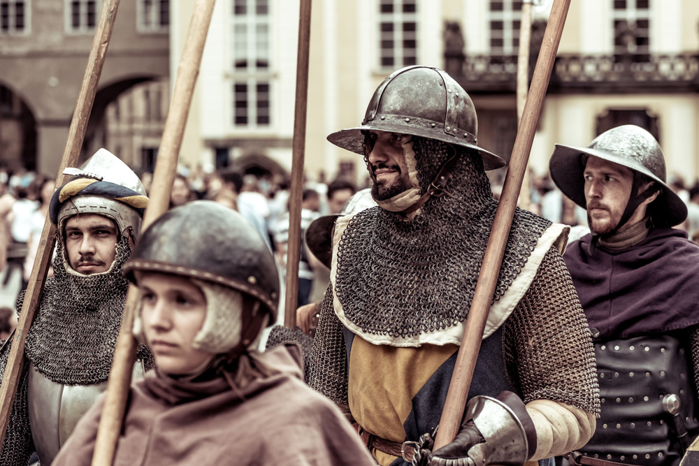 Armored knights lead the march of Charles IV at re-enactment of the Coronation of Charles IV in Prague Castle. Prague, Czech Republic. September 04, 2016