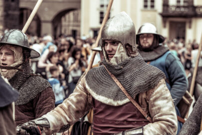 Armored knights lead the march of Charles IV at re-enactment of the Coronation of Charles IV in Prague Castle. Prague, Czech Republic. September 04, 2016 - slon.pics - free stock photos and illustrations