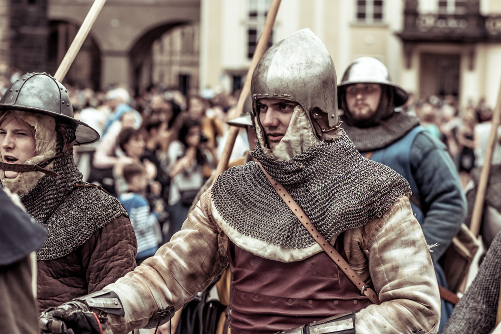 Armored knights lead the march of Charles IV at re-enactment of the Coronation of Charles IV in Prague Castle. Prague, Czech Republic. September 04, 2016