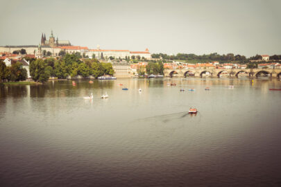 View of Prague Castle, Hradcany and Charles Bridge across the Vltava river - slon.pics - free stock photos and illustrations