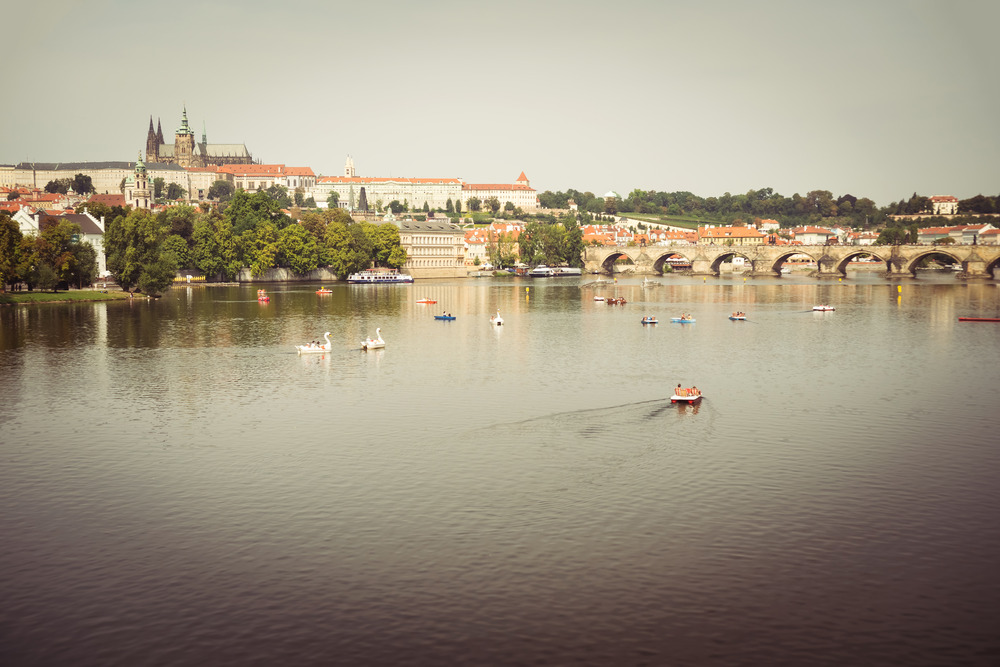 View of Prague Castle, Hradcany and Charles Bridge across the Vltava river