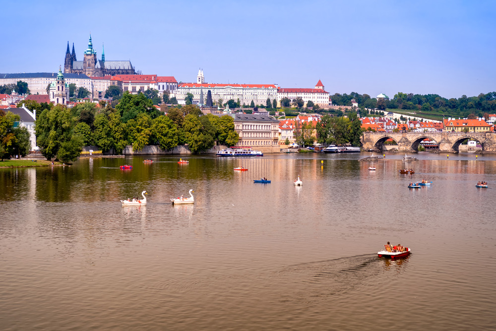 Vltava river, Charles Bridge, St. Vitus Cathedral and Prague Castle