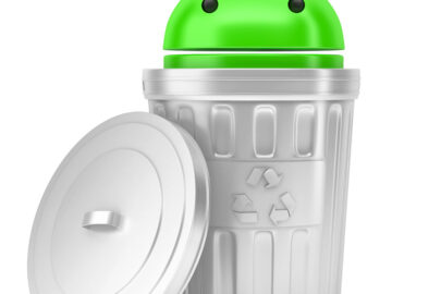 Android robot inside recycle bin. 3D illustration. Isolated. Contains clipping path - slon.pics - free stock photos and illustrations