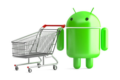Android robot with shopping cart. 3D illustration. Isolated. Contains clipping path - slon.pics - free stock photos and illustrations