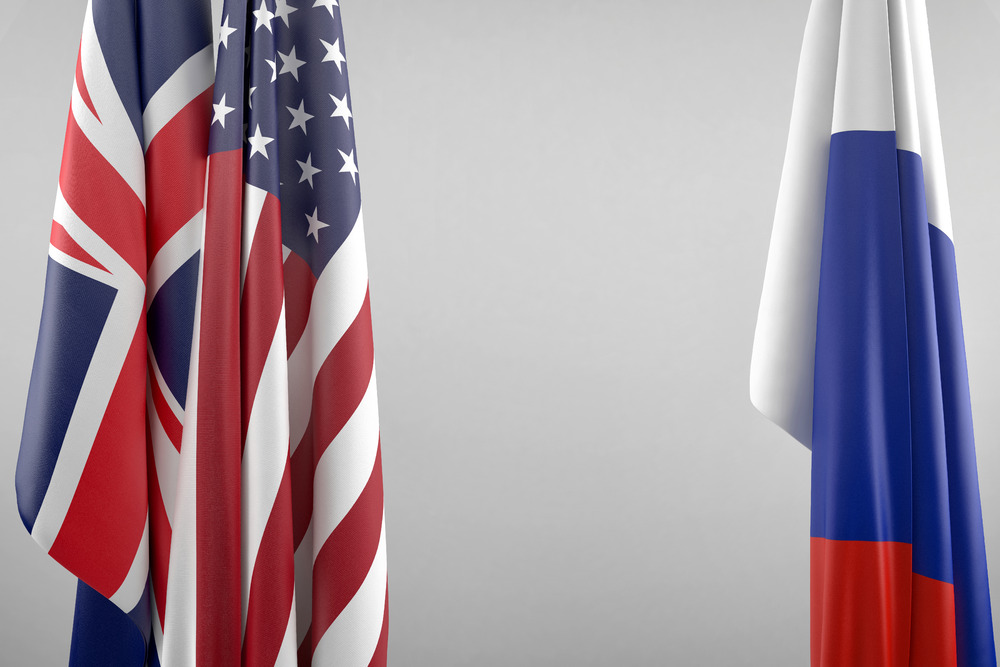 Flags of USA, UK and Russia. Geopolitical concept