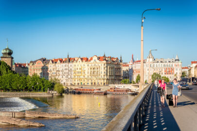 Jirasek bridge and embankment of Vltava river. Prague, Czech Republic, May 18, 2017 - slon.pics - free stock photos and illustrations