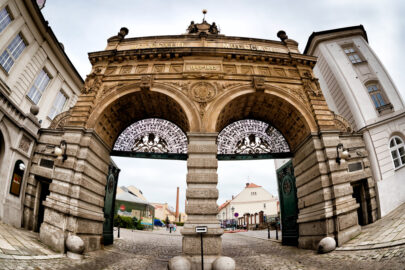 Main gate of the Pilsner Urquell Brewery. Plzen (Pilsen), Czech Republic, May 22, 2017 - slon.pics - free stock photos and illustrations