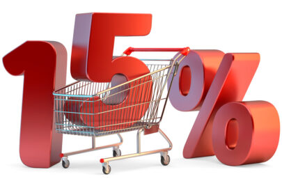 Shopping cart with 15% discount sign. 3D illustration. Isolated. Contains clipping path - slon.pics - free stock photos and illustrations