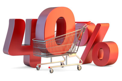 Shopping cart with 40% discount sign. 3D illustration. Isolated. Contains clipping path - slon.pics - free stock photos and illustrations