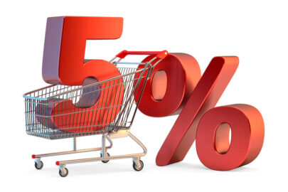 Shopping cart with 5% discount sign. 3D illustration. Isolated. Contains clipping path - slon.pics - free stock photos and illustrations