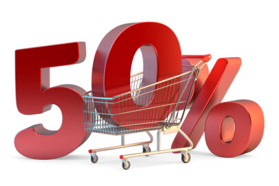 Shopping cart with 50% discount sign. 3D illustration. Isolated. Contains clipping path - slon.pics - free stock photos and illustrations