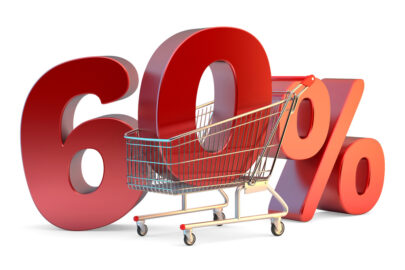 Shopping cart with 60% discount sign. 3D illustration. Isolated. Contains clipping path - slon.pics - free stock photos and illustrations