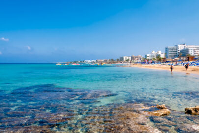 Coastline of Ayia Napa with beach and hotels. Famagusta District. Cyprus - slon.pics - free stock photos and illustrations