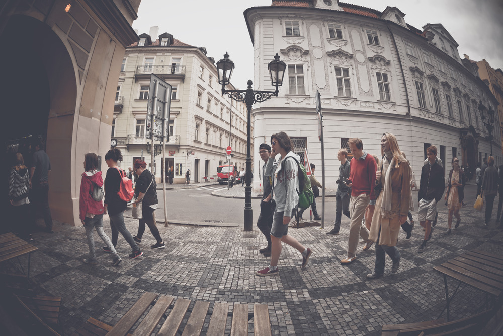 Crowd of people walking on busy street of Prague. Czech Republic. May 25, 2017