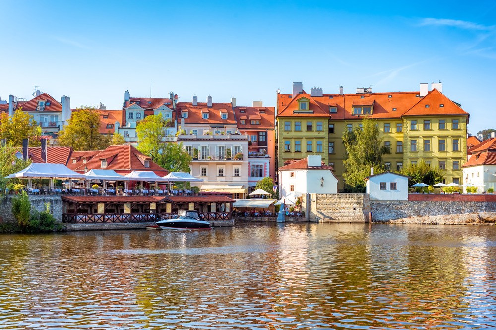 Houses and restaurants on the right bank of Vltava river. Czech Republic