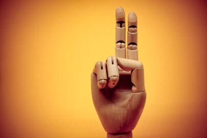 Wooden hand pointing up 2 fingers - slon.pics - free stock photos and illustrations