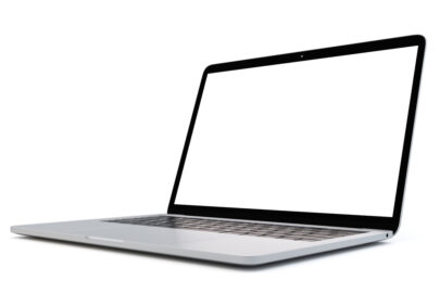 Laptop with blank screen on white background. Side view. 3D illustration. Isolated. Contains clipping path - slon.pics - free stock photos and illustrations