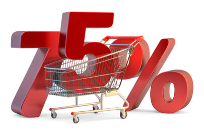 Shopping cart with 75% discount sign. 3D illustration. Isolated. Contains clipping path - slon.pics - free stock photos and illustrations