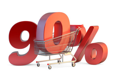 Shopping cart with 90% discount sign. 3D illustration. Isolated. Contains clipping path - slon.pics - free stock photos and illustrations