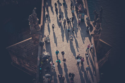 Crowd of tourists at the Charles Bridge (Karluv most), viewed from above. Prague, Czech Republic - slon.pics - free stock photos and illustrations