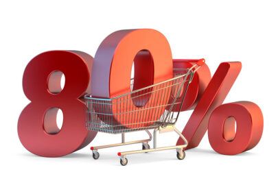 Shopping cart with 80% discount sign. 3D illustration. Isolated. Contains clipping path - slon.pics - free stock photos and illustrations