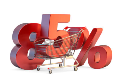 Shopping cart with 85% discount sign. 3D illustration. Isolated. Contains clipping path - slon.pics - free stock photos and illustrations