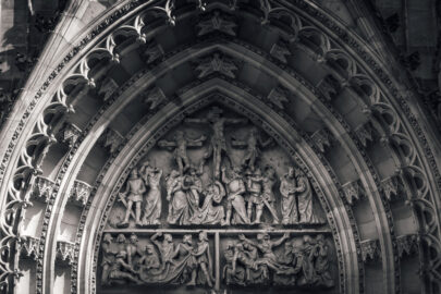 Entrance to St Vitus cathedral, relief depicting crucifixion of Christ. Prague, Czech Republic - slon.pics - free stock photos and illustrations