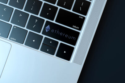 Ethereum icon on laptop keyboard. Technology concept - slon.pics - free stock photos and illustrations