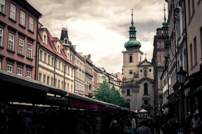 Havelska Street Market and Church of St. Gallen on background. Prague, Czech Republic. May 25, 2017 - slon.pics - free stock photos and illustrations