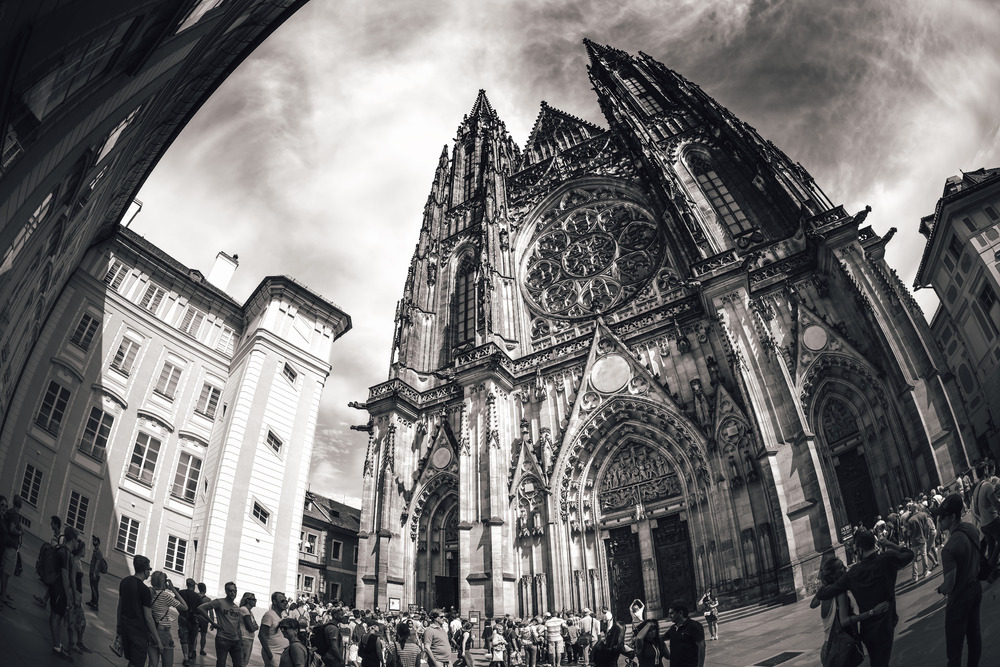 People at the entrance of St.Vitus Cathedral. Prague, Czech Republic. September 04, 2016