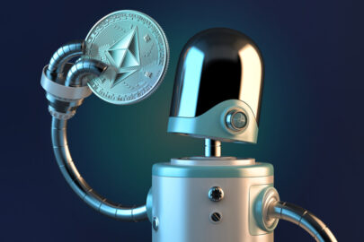 Robot looking at Ethereum coin. Technology concept. 3D illustration. Contains clipping path - slon.pics - free stock photos and illustrations
