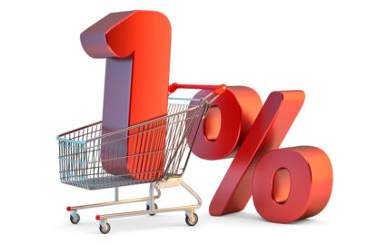 Shopping cart with 1% discount sign. 3D illustration. Isolated. Contains clipping path - slon.pics - free stock photos and illustrations