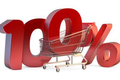 Shopping cart with 100% discount sign. 3D illustration. Isolated. Contains clipping path - slon.pics - free stock photos and illustrations