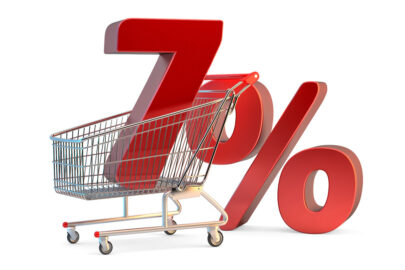Shopping cart with 7% discount sign. 3D illustration. Isolated. Contains clipping path - slon.pics - free stock photos and illustrations
