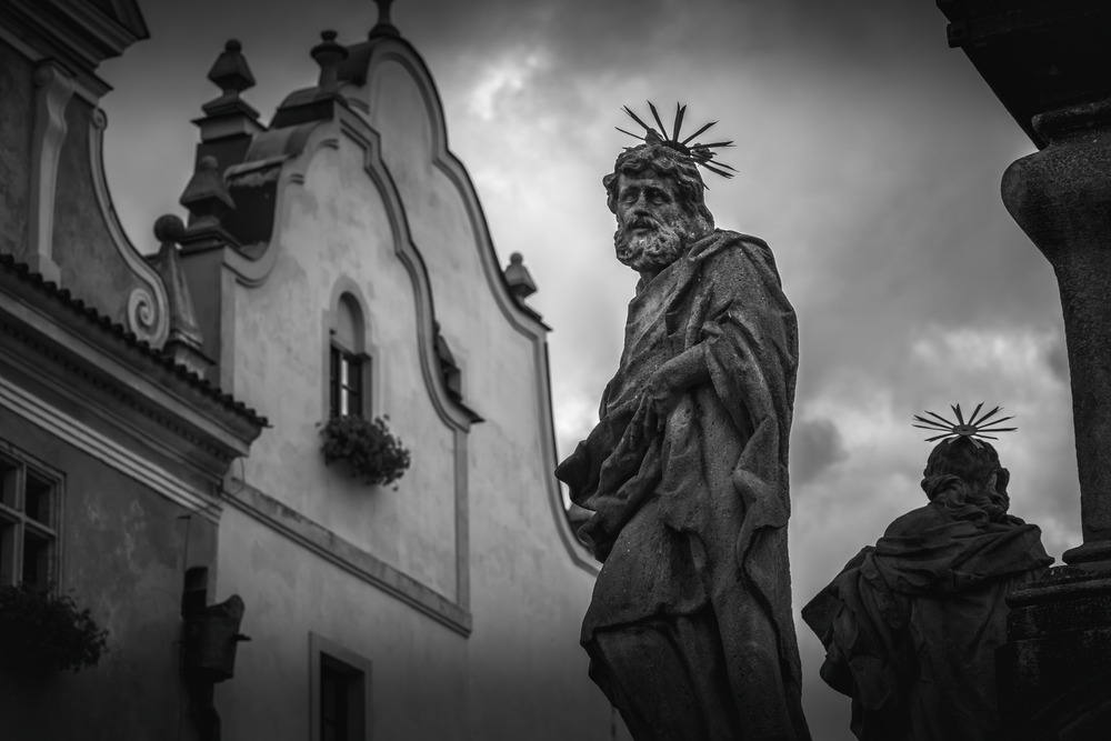Statue at plague column in Cesky Krumlov, Czech republic