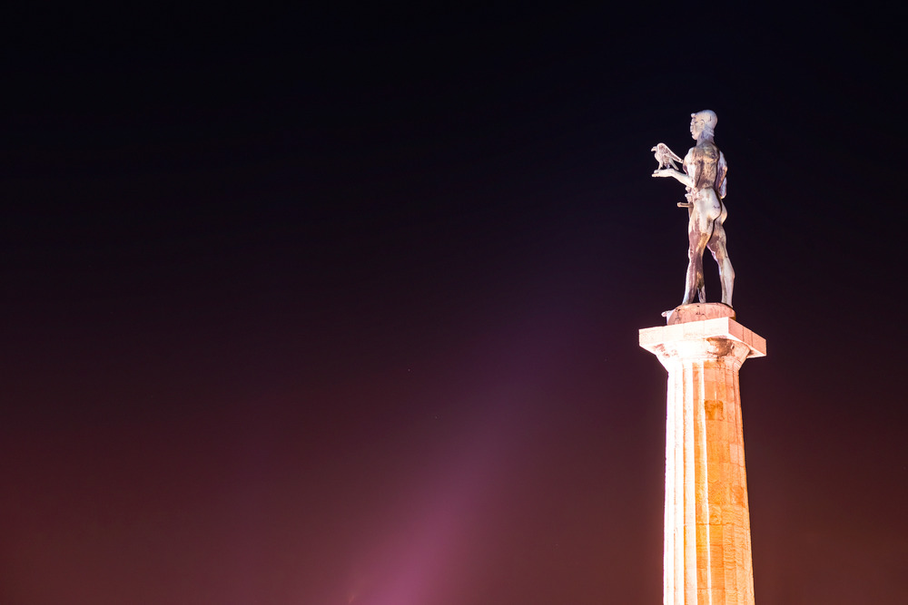 The Victor Monument on Kalemegdan Fortress at night. Belgrade, Serbia