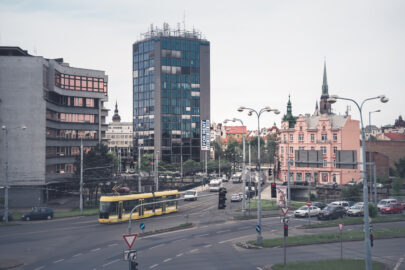 View of crossroad in Plzen city. Police Headquarters and Business Center. May 22, 2017 - slon.pics - free stock photos and illustrations