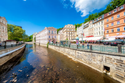Historic city center with river of the spa town Karlovy Vary. Czech Republic. May 26, 2017 - slon.pics - free stock photos and illustrations
