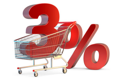 Shopping cart with 3% discount sign. 3D illustration. Isolated. Contains clipping path - slon.pics - free stock photos and illustrations